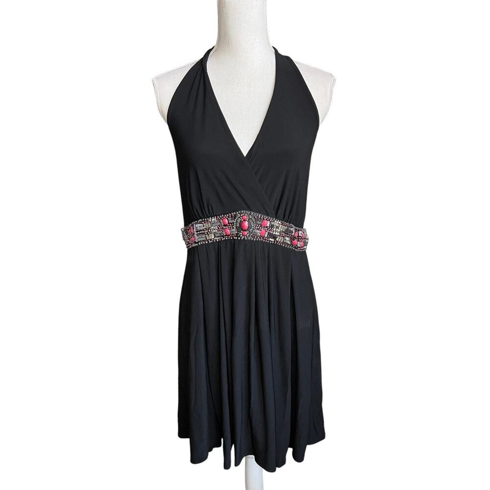 White House black market Black Halter Dress with Pink Beaded Waistband NEW Y2K